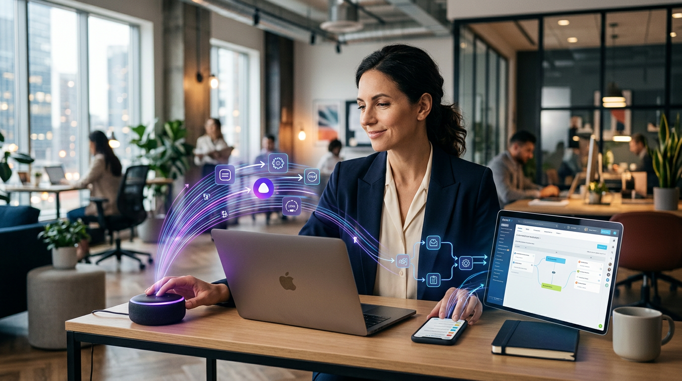 A digital assistant interface connecting various business software icons like CRM and tasks