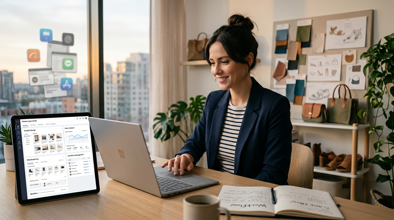 A merchant using a single computer screen to manage automated AI tasks for an online store.