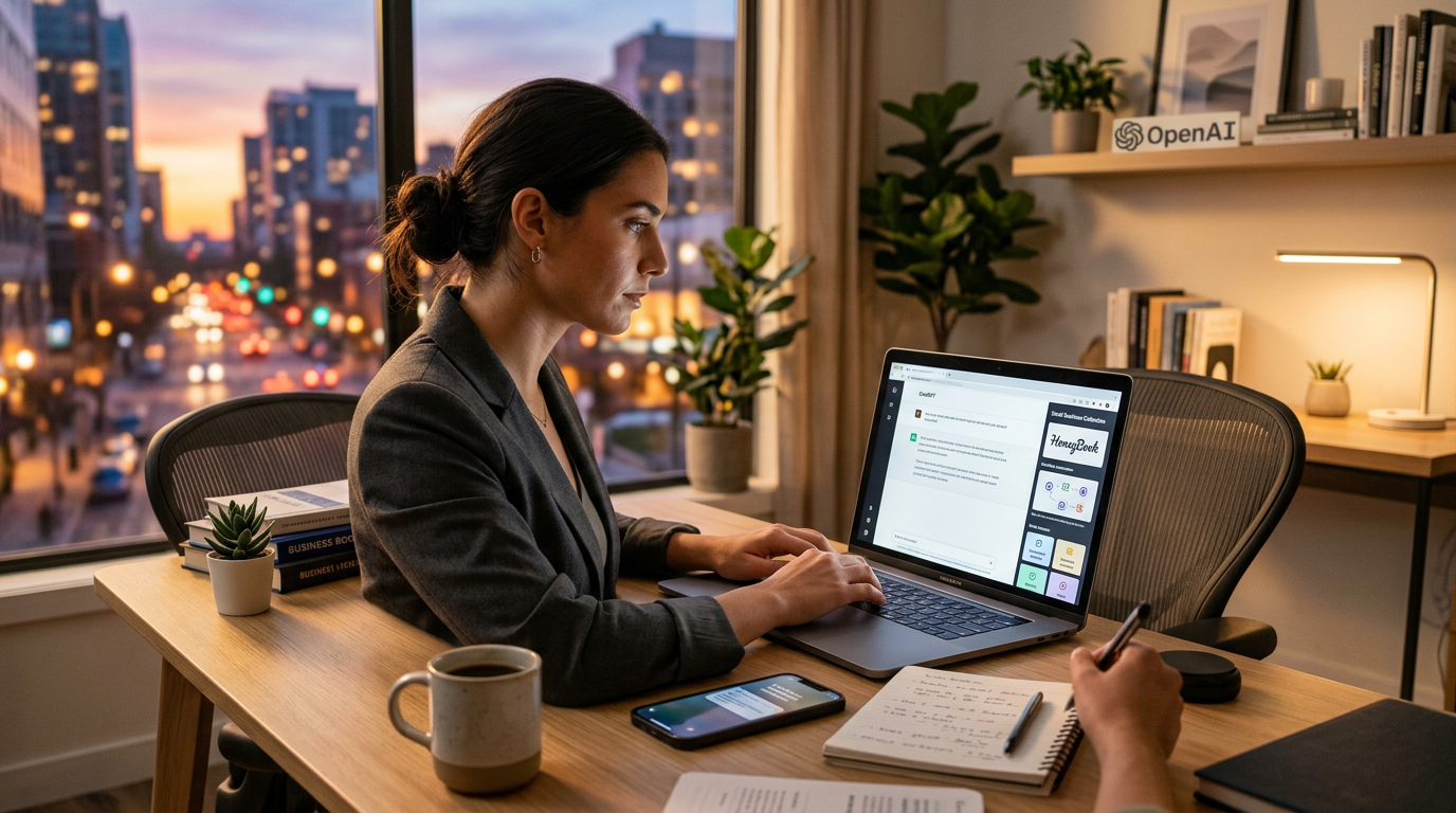 A professional workspace showing a laptop screen with the ChatGPT interface and business management tools.