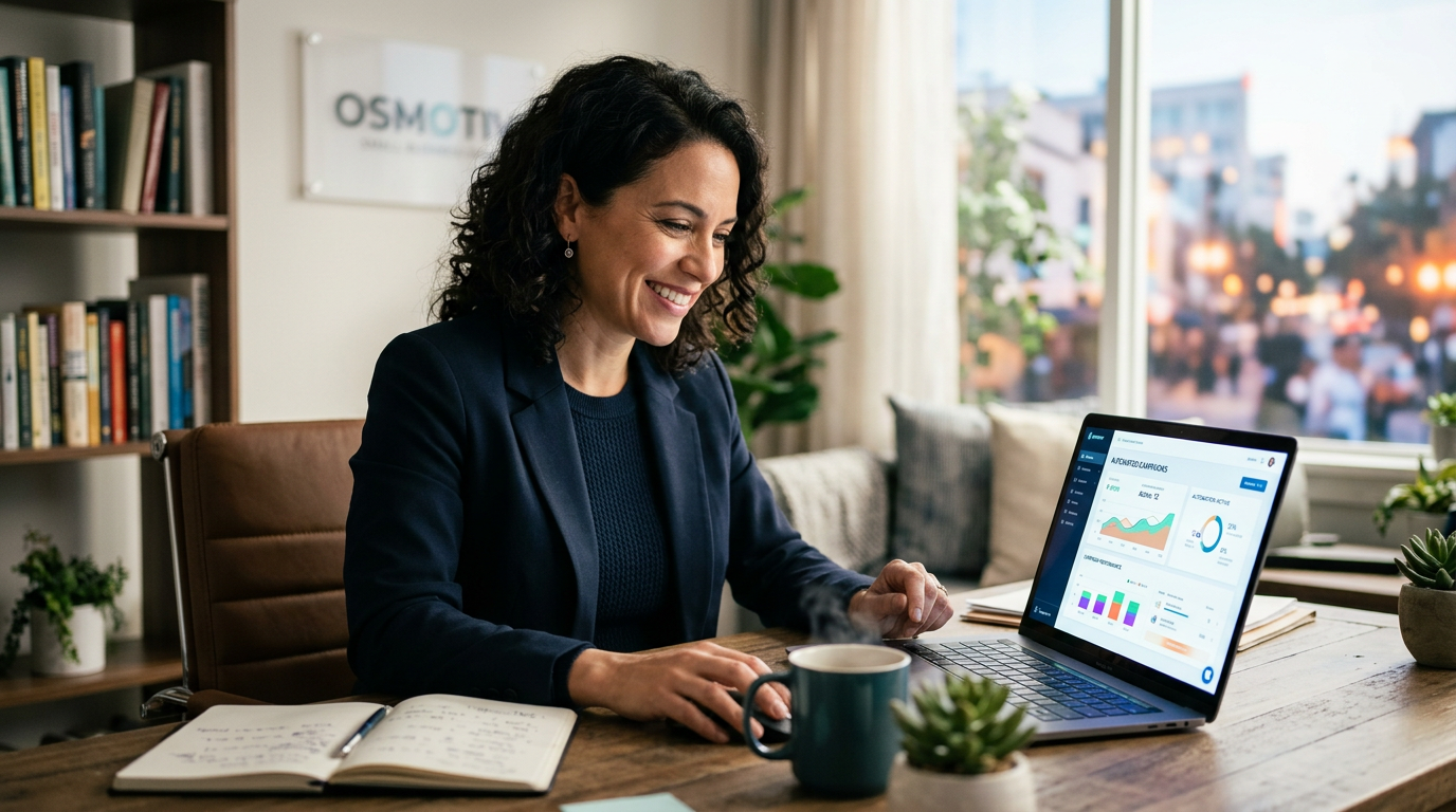 A small business owner sitting at a desk looking relieved while software handles marketing tasks.