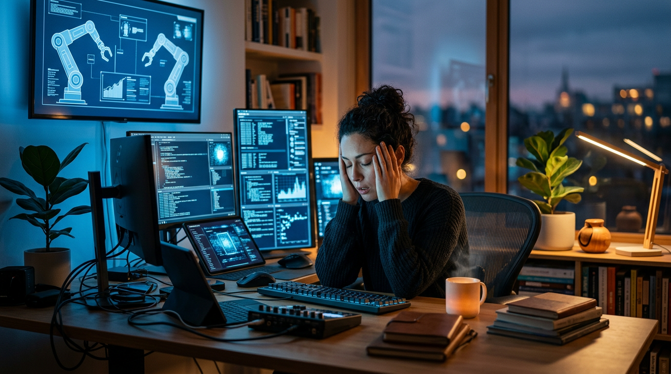A person sitting at a wooden desk focusing on meaningful work away from a computer screen.