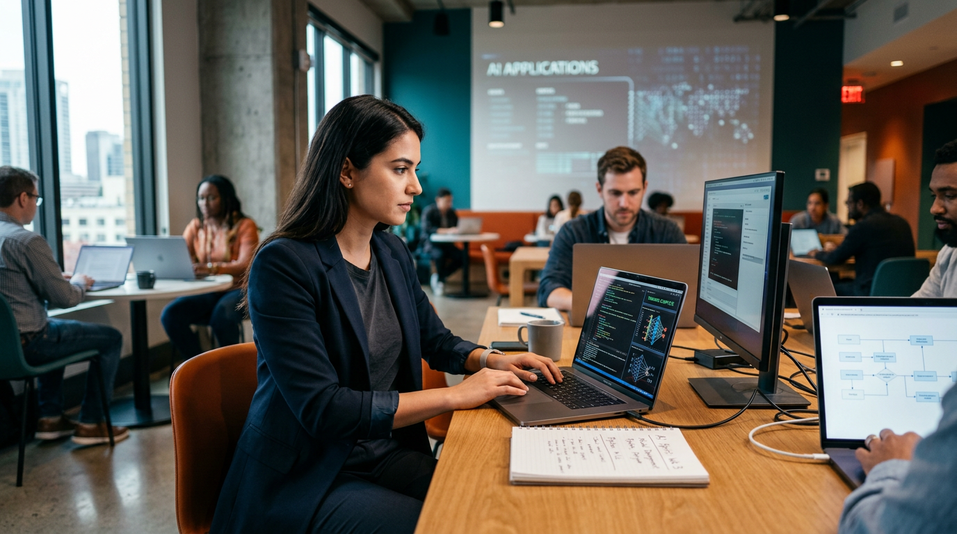 A professional using a laptop to learn applied AI skills during a four week sprint.