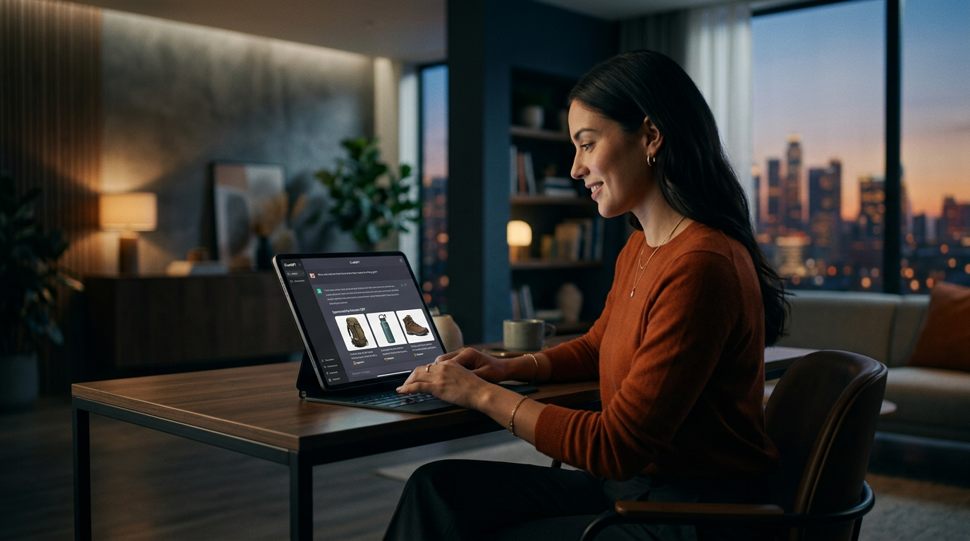 A person using a smartphone to chat with an AI assistant about product recommendations.