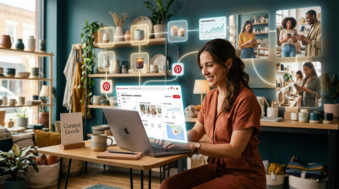 A laptop screen showing a Pinterest product catalog with automated sales graphs.