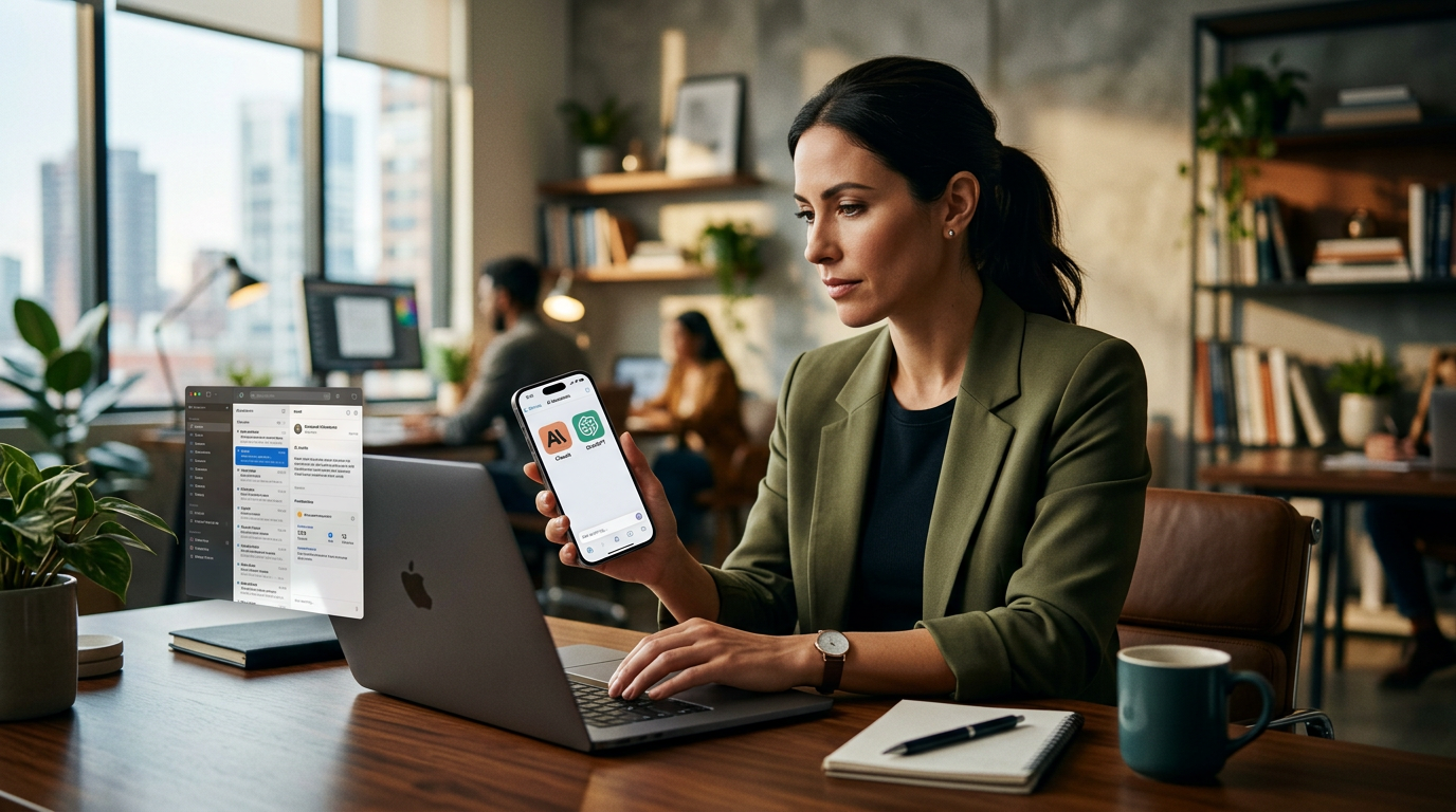 A person holding an iPhone showing the ChatGPT app interface next to the Siri icon.