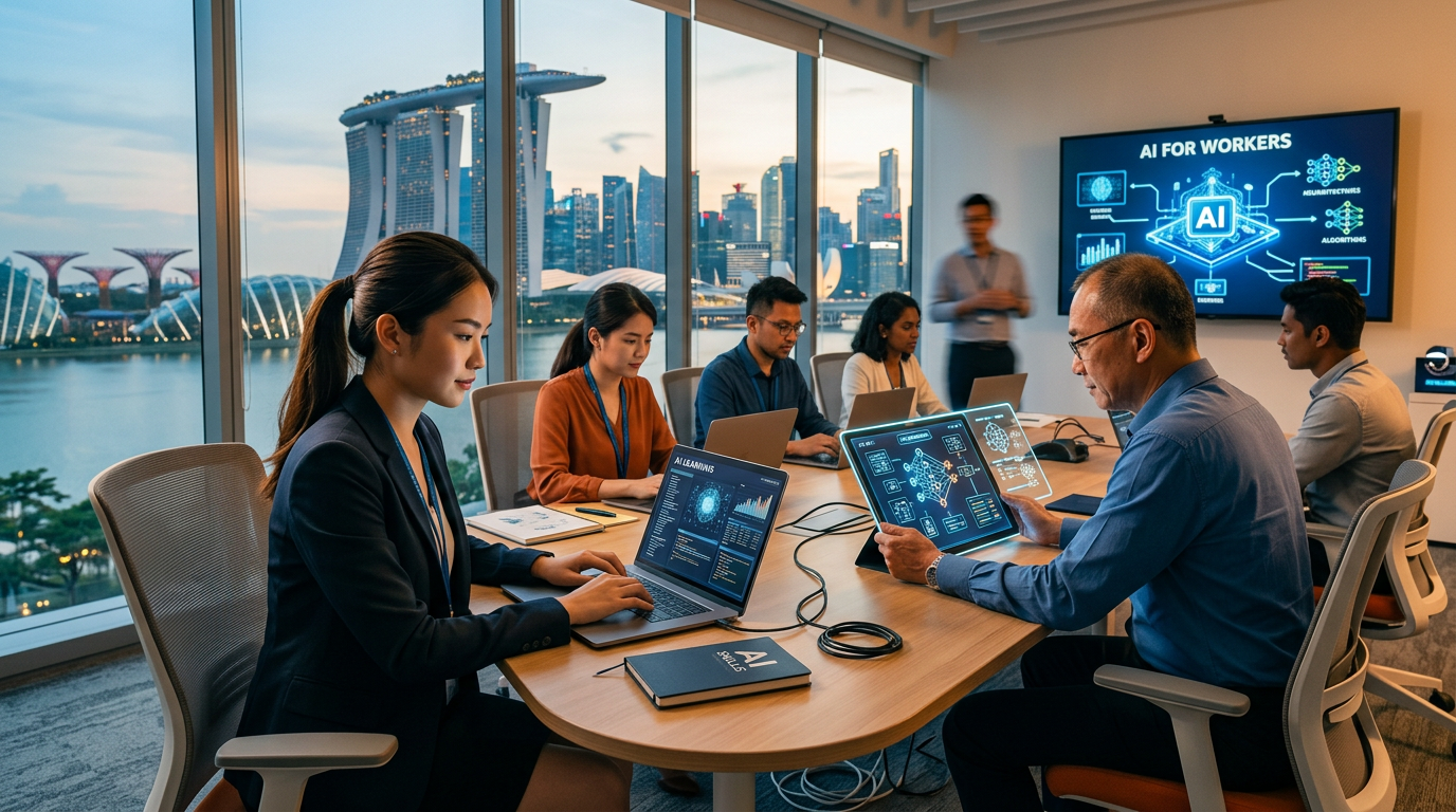 A modern office building in Singapore representing the national push for workforce AI readiness and training.