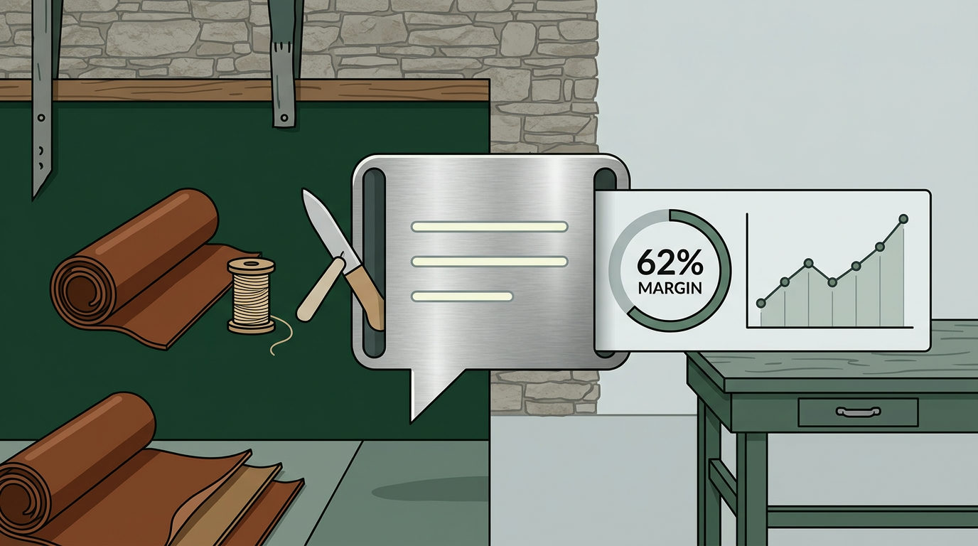 An illustration showing leather rolls, a spool of thread, and a knife entering a metallic chat bubble, which outputs a digital card displaying '62% MARGIN' and a line graph showing upward growth.