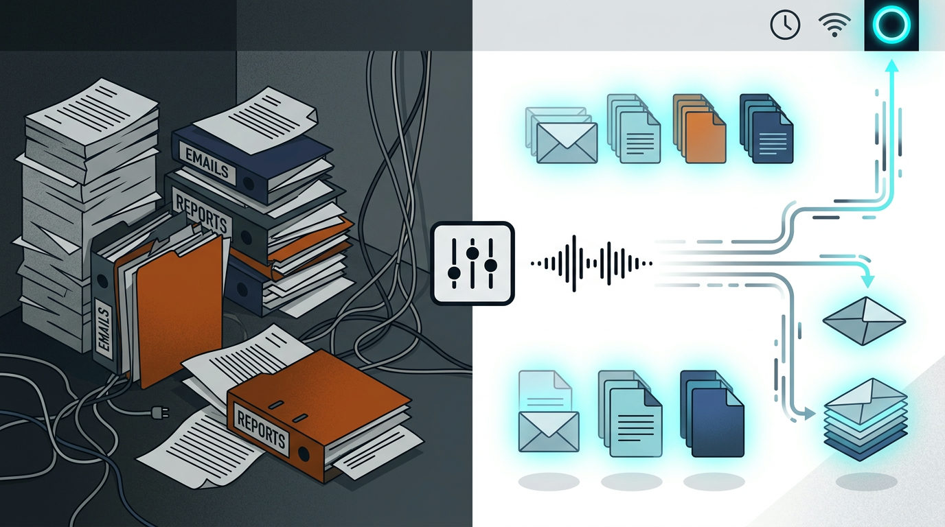 A split-screen illustration showing a dark, cluttered office space with messy stacks of paper and tangled wires on the left, transitioning through a sound wave icon into a clean, bright digital interface on the right where documents and emails are neatly organized and flowing toward a glowing blue ring icon in a menu bar.