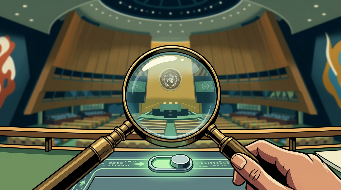 A stylized illustration showing a first-person view of a hand holding a magnifying glass over a digital toggle switch labeled 'data stream'. Through the lens, the United Nations General Assembly hall is visible in sharp focus, while the surrounding environment is blurred.
