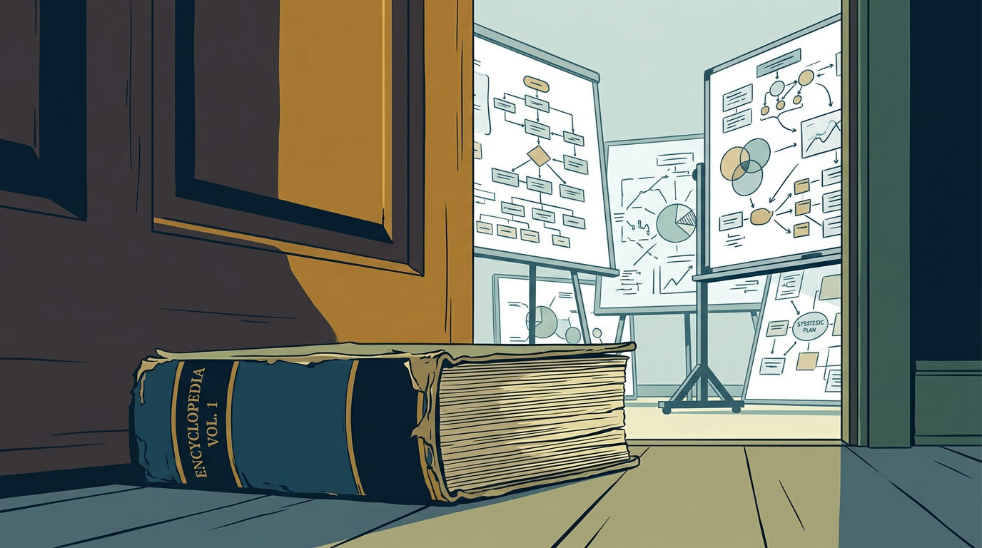 A worn, thick blue book titled 'ENCYCLOPEDIA VOL. 1' lies flat on a wooden floor, acting as a doorstop to keep a heavy wooden door open. Through the doorway, a bright room is filled with several whiteboards covered in complex flowcharts, diagrams, and strategy maps.