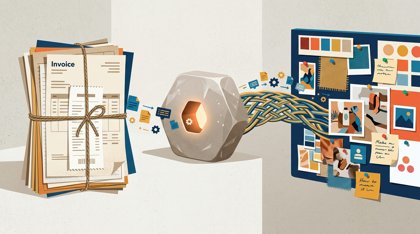 An illustration showing a stack of paper invoices tied with twine on the left, connected by floating digital icons to a central stone-like hexagonal device with a glowing gear icon. From the right of the device, a bundle of woven blue and gold cables connects to a blue mood board filled with colorful photos, fabric swatches, and sticky notes.