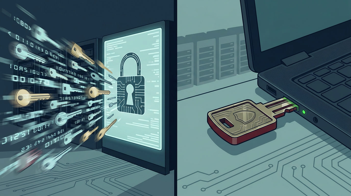 A split-screen illustration. On the left, a swarm of digital keys and code fragments fly toward a glowing padlock icon on a server screen. On the right, a physical hardware security key with circuit patterns is plugged into a laptop's USB port.