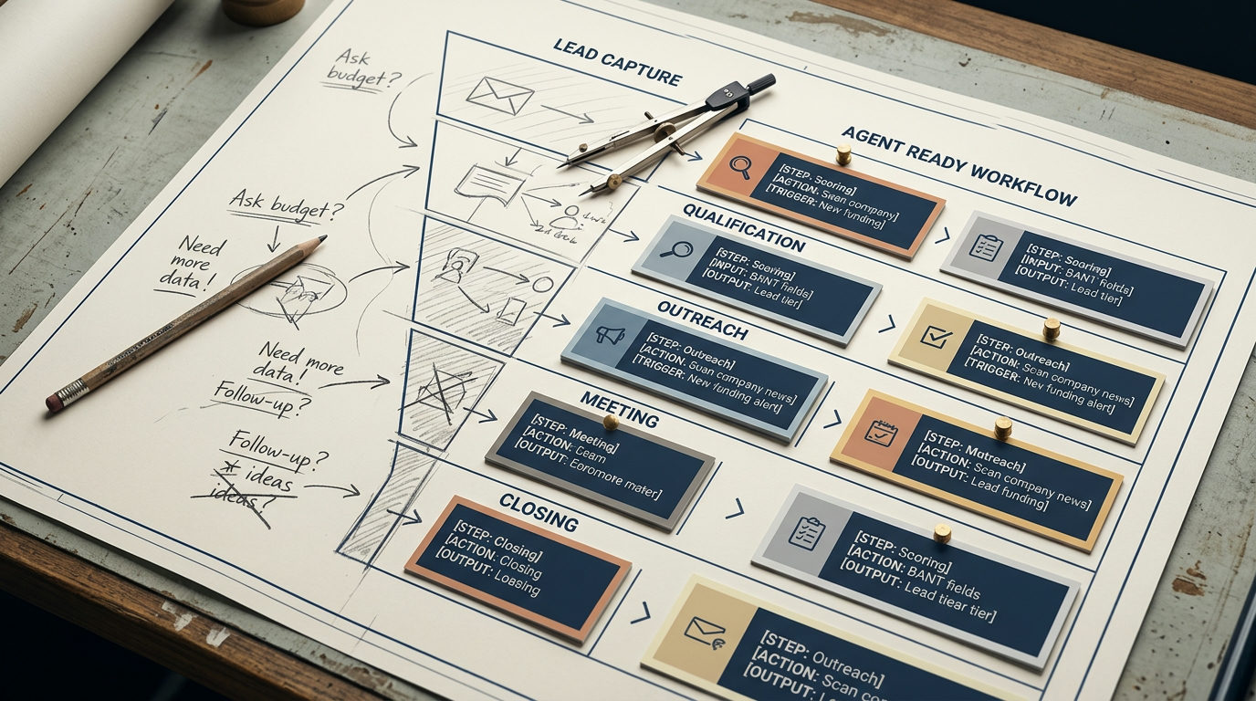 A top-down view of a large blueprint on a wooden desk. On the left, a sales funnel is sketched with messy pencil drawings and handwritten notes like 'Ask budget?' and 'Need more data!'. A pencil and a drafting compass rest on the paper. To the right, the funnel transitions into a clean, structured workflow with organized, color-coded digital blocks labeled 'Lead Capture', 'Qualification', 'Outreach', 'Meeting', and 'Closing', each containing structured data fields.
