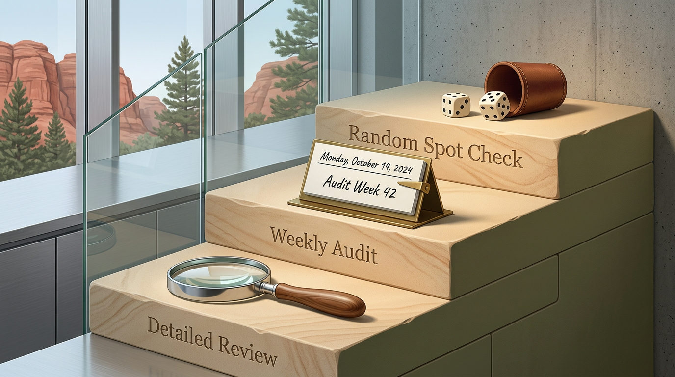 A three-step stone staircase sits in front of a window overlooking a desert landscape. The bottom step is labeled 'Detailed Review' and holds a magnifying glass. The middle step is labeled 'Weekly Audit' and holds a desk calendar. The top step is labeled 'Random Spot Check' and holds two dice next to a leather cup.