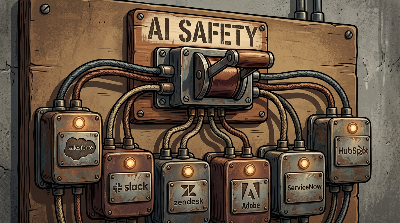 An illustration of a rustic wooden electrical panel with a large central lever switch labeled 'AI SAFETY'. Wires run from the main switch to six smaller rusty metal boxes, each featuring a glowing indicator light and a logo for a software company: Salesforce, Slack, Zendesk, Adobe, ServiceNow, and HubSpot.