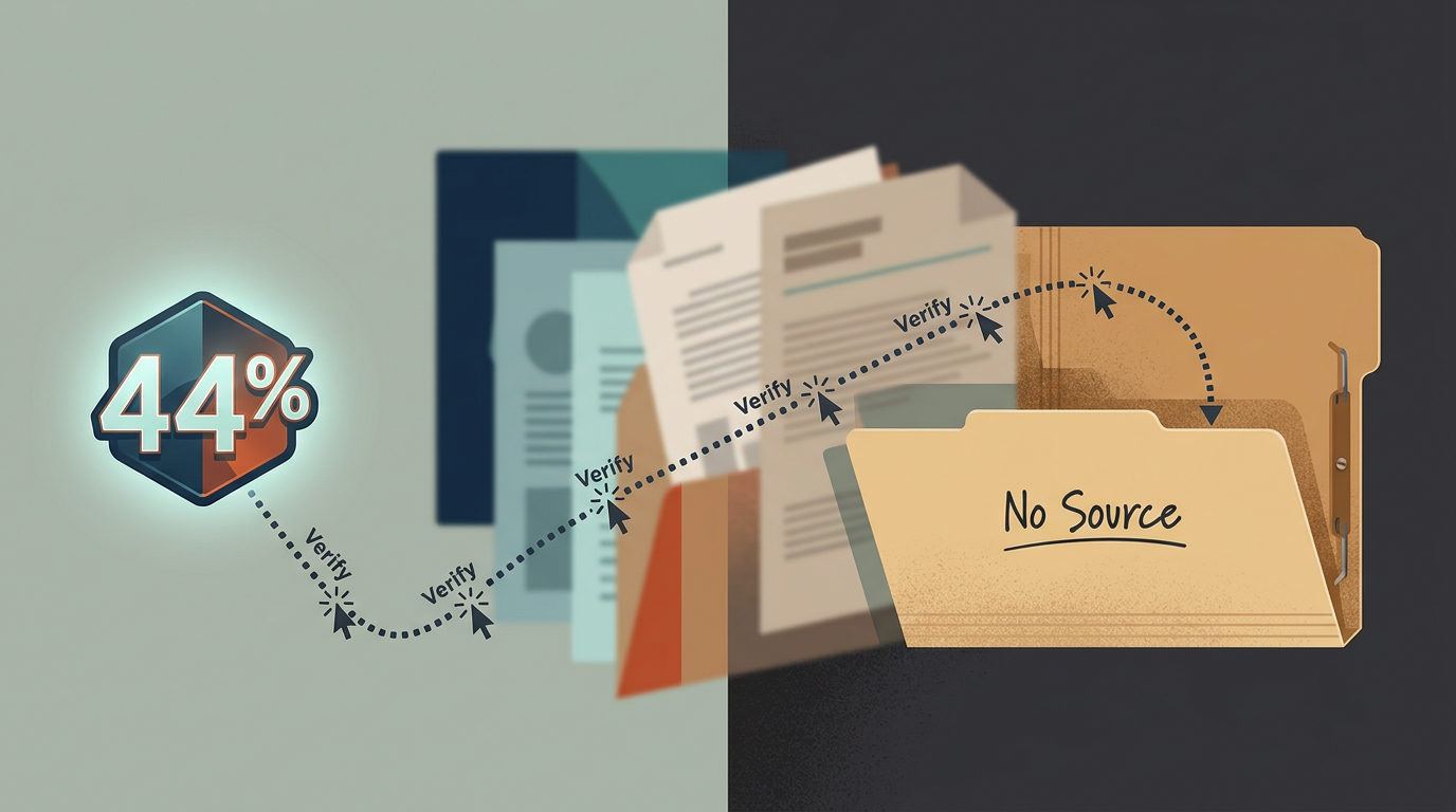 An illustration showing a path from a glowing '44%' icon, through several blurry document icons, to an empty manila folder labeled 'No Source'. The path is marked with dotted lines and cursor icons labeled 'Verify'.