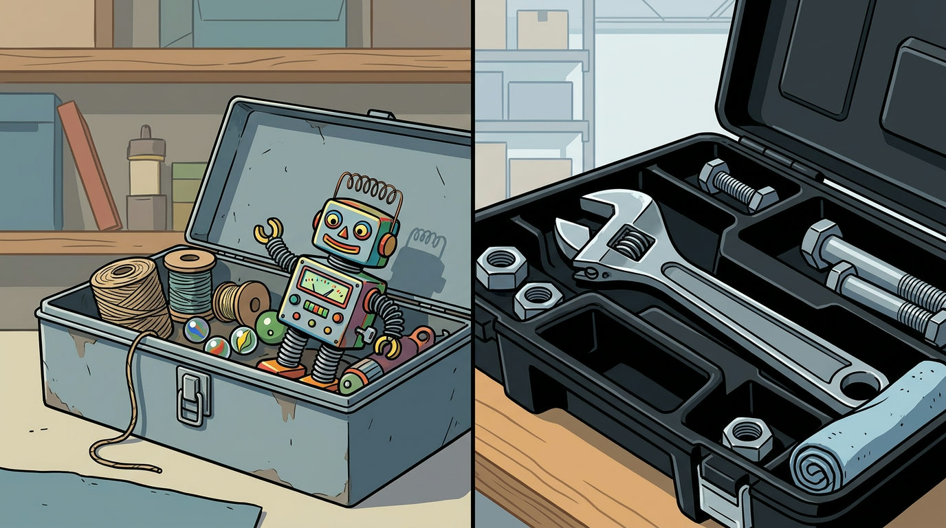 A split-screen illustration. On the left, a cluttered, rustic metal toolbox contains a colorful toy robot, spools of thread, and marbles. On the right, a clean, modern black plastic tool case features organized compartments holding a large adjustable wrench, bolts, and a rolled-up cloth.