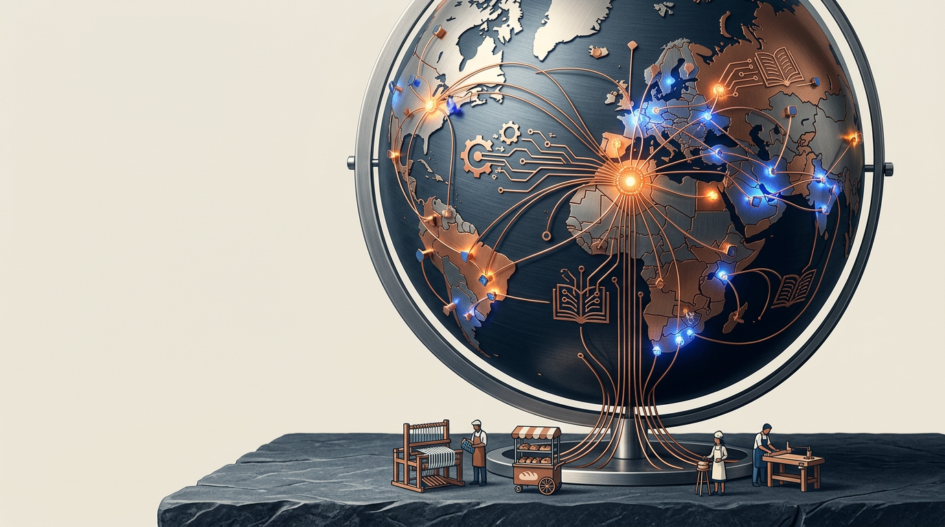 A metallic globe with glowing orange and blue nodes connected by circuit-like lines. Small figurines representing various trades like baking, weaving, and woodworking stand at the base of the globe.