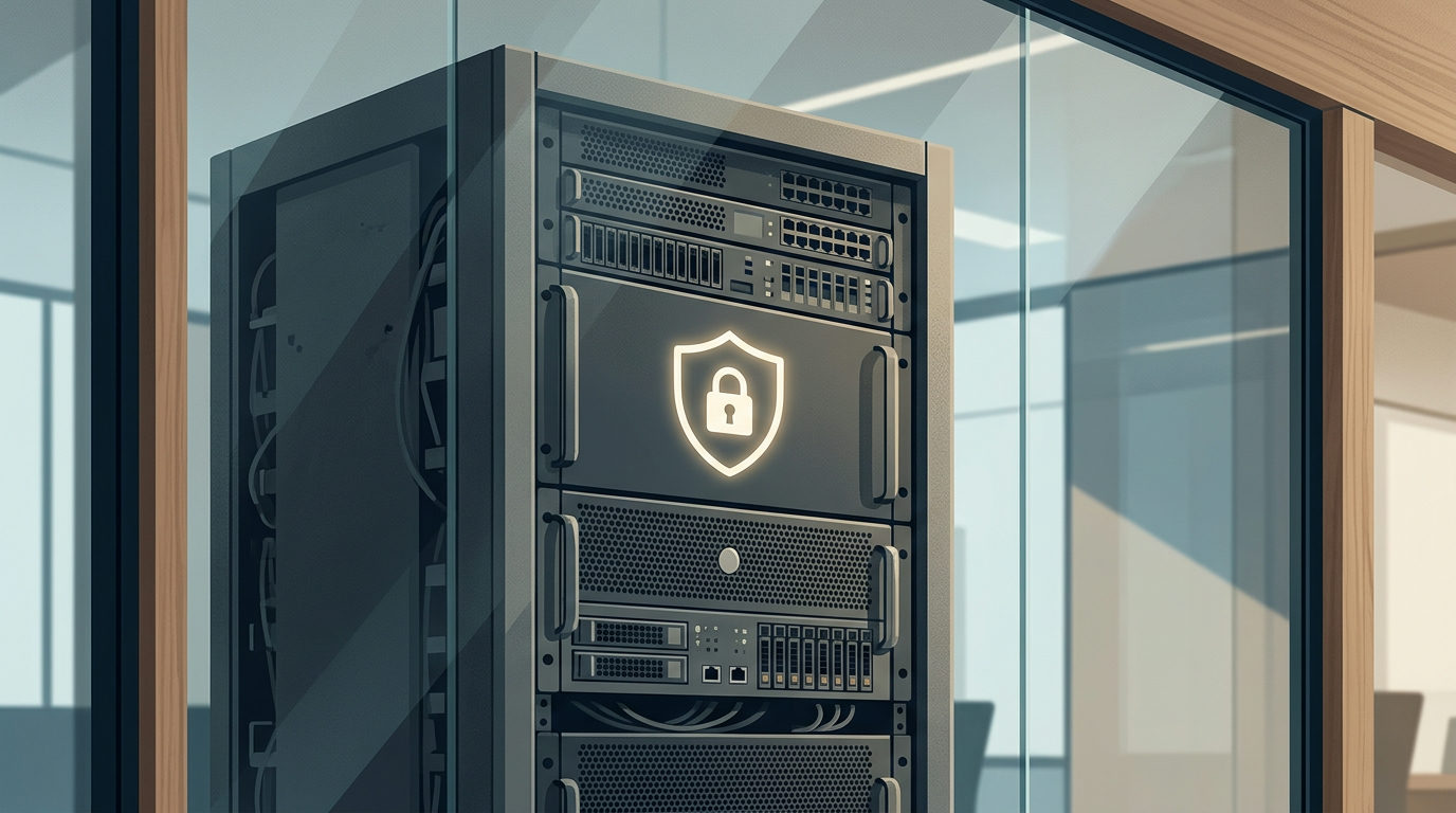 A digital illustration of a tall server rack housed behind a glass office partition. A glowing shield icon with a padlock is displayed on one of the server units.