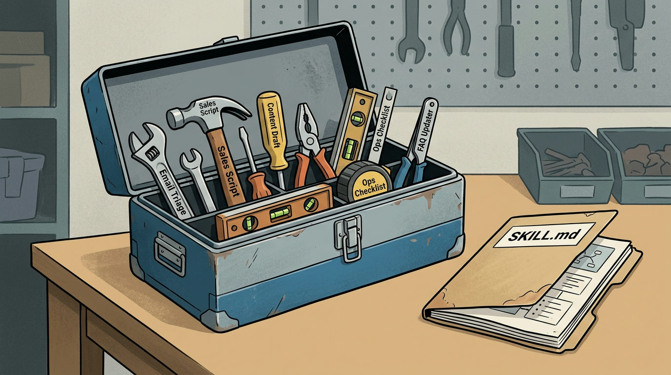 An illustration of a blue metal toolbox on a wooden workbench. Inside the toolbox are various hand tools like a hammer, wrench, and pliers, each labeled with text such as 'Sales Script', 'Email Triage', and 'Content Draft'. Next to the toolbox is a manila folder labeled 'SKILL.md' containing a document with diagrams and checklists.
