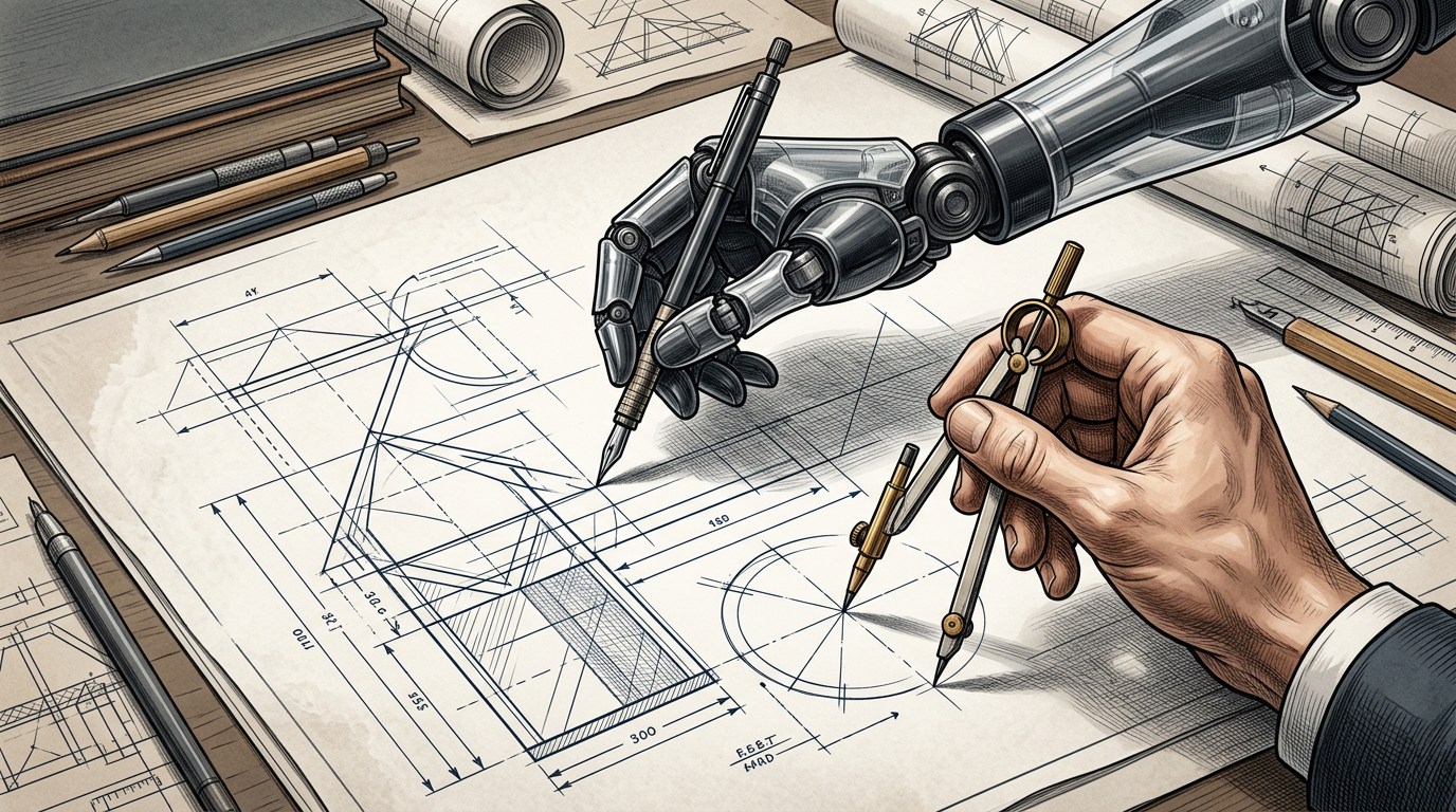 A detailed illustration of a human hand and a robotic hand collaborating on a technical blueprint. The robotic hand uses a fine-tipped pen to draw geometric structures, while the human hand uses a brass compass to measure a circle. The desk is scattered with architectural tools, rolled blueprints, and pencils.