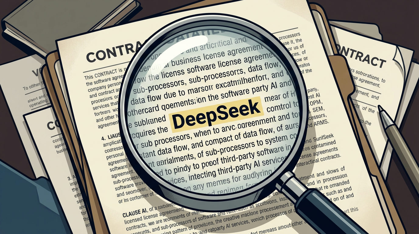 A magnifying glass held over a stack of legal documents, enlarging the word 'DeepSeek' which is highlighted in yellow within a block of text. The surrounding text contains legal jargon like 'license agreement' and 'data flow'.