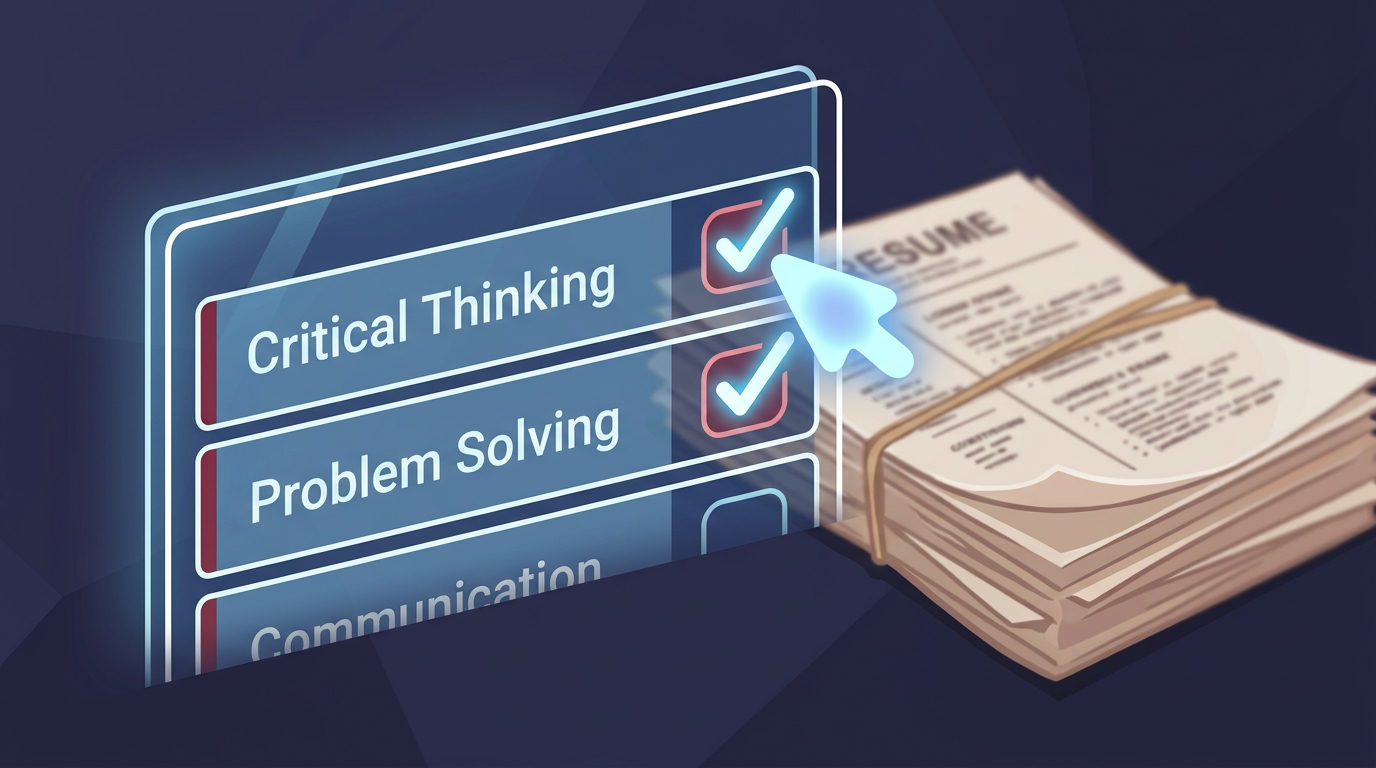 A digital interface showing a checklist with 'Critical Thinking' and 'Problem Solving' marked with glowing blue checkmarks by a cursor, while a stack of paper resumes sits in the background.