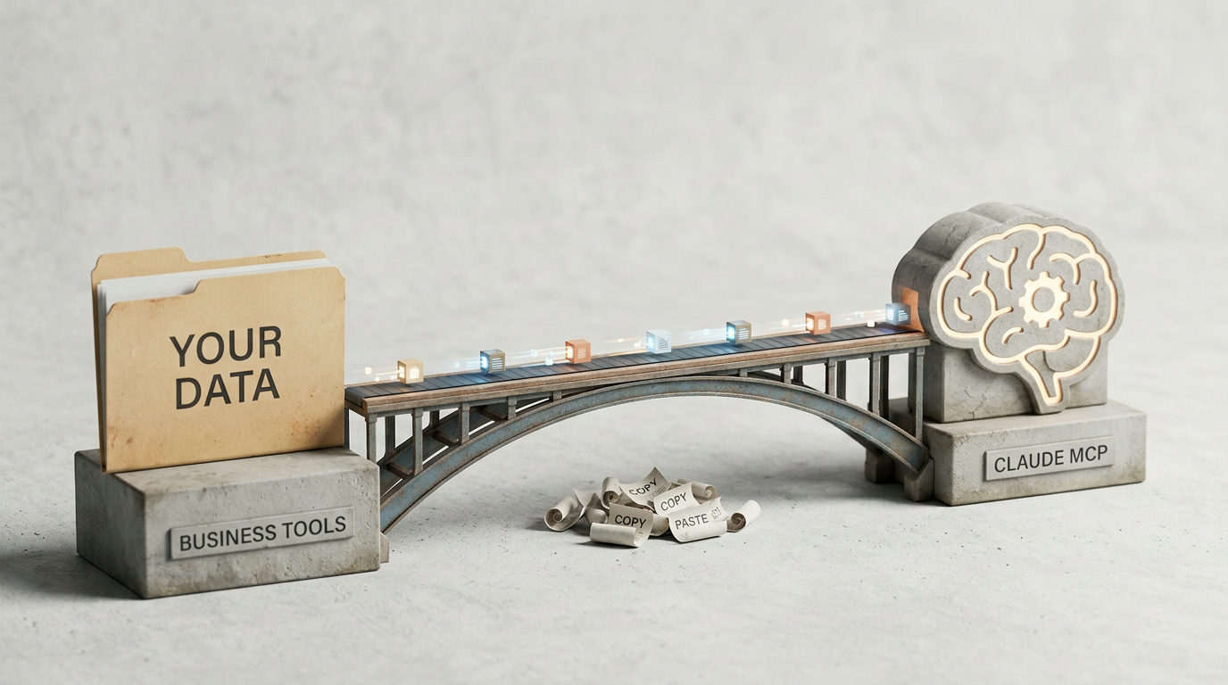 A 3D miniature scene showing a stone bridge connecting a folder labeled 'YOUR DATA' on a pedestal marked 'BUSINESS TOOLS' to a stone brain icon on a pedestal marked 'CLAUDE MCP'. Glowing data cubes travel across the bridge, while a pile of discarded 'COPY' and 'PASTE' paper scraps sits underneath.