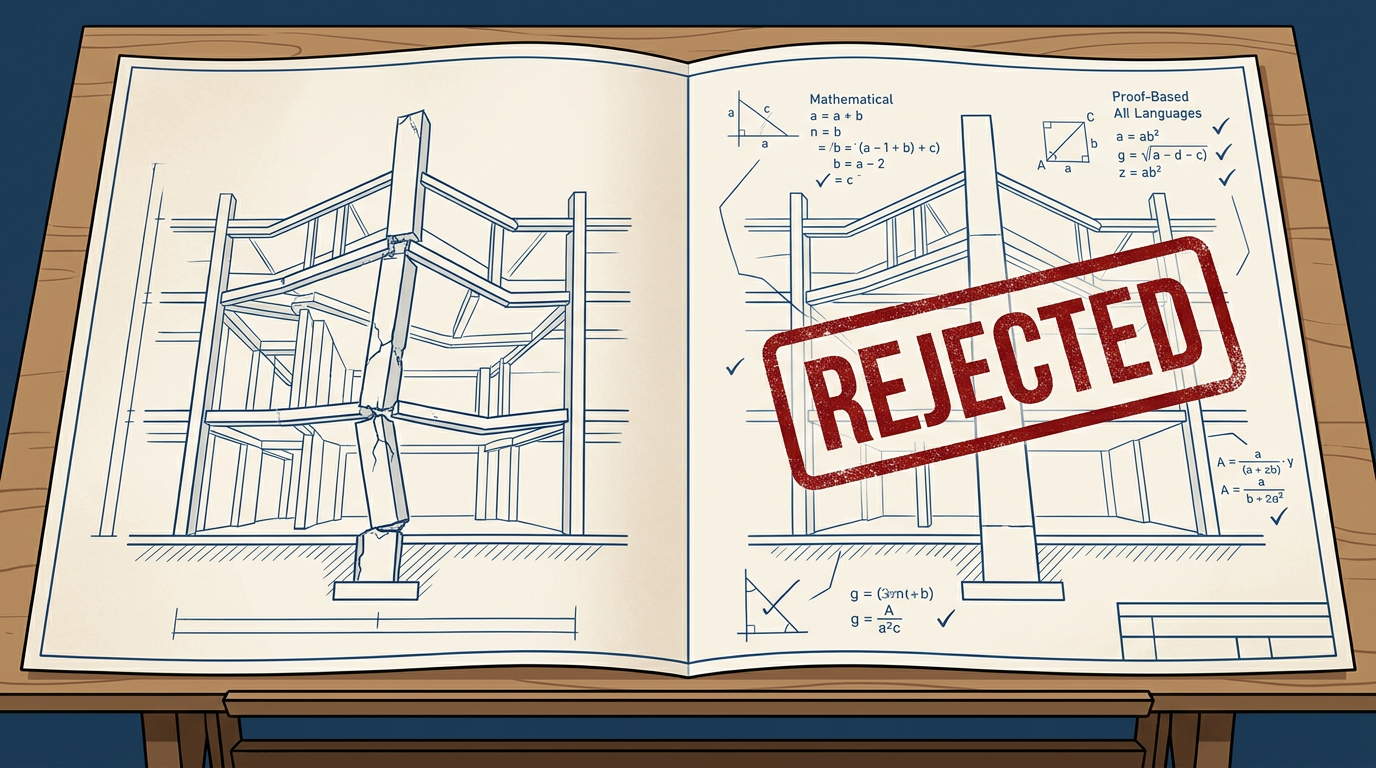 An illustration of a building blueprint on a wooden desk. The left side shows a structural drawing of a building with a cracked, failing support pillar. The right side shows a corrected version of the same structure with a large, red 'REJECTED' stamp across it, surrounded by mathematical formulas and checkmarks.