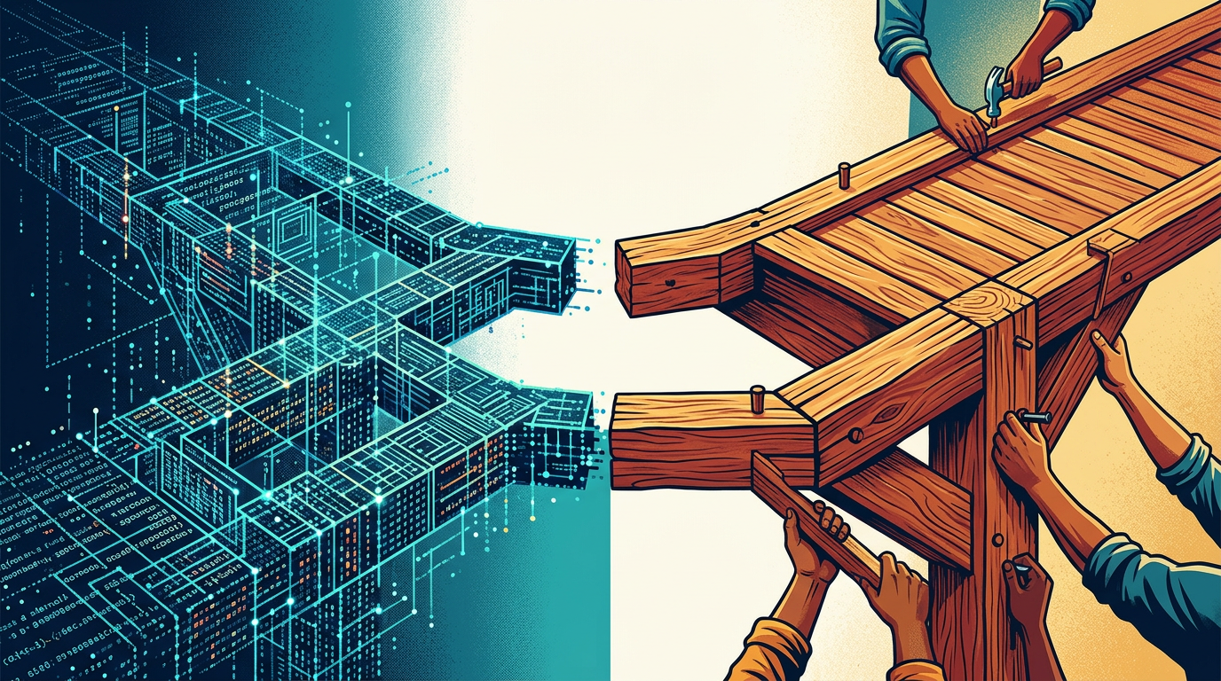An illustration of a bridge being constructed from two sides. The left side is a glowing blue digital wireframe made of code and data points. The right side is made of solid, warm-toned wooden beams being assembled by several human hands using tools like hammers and nails.