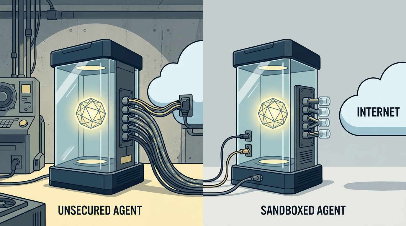 A split-screen illustration comparing an 'UNSECURED AGENT' to a 'SANDBOXED AGENT'. On the left, a glowing geometric orb inside a glass case has multiple thick cables connecting it directly to a cloud labeled 'INTERNET'. On the right, the same orb in a glass case has its external cables unplugged and capped, with no connection to the nearby 'INTERNET' cloud.