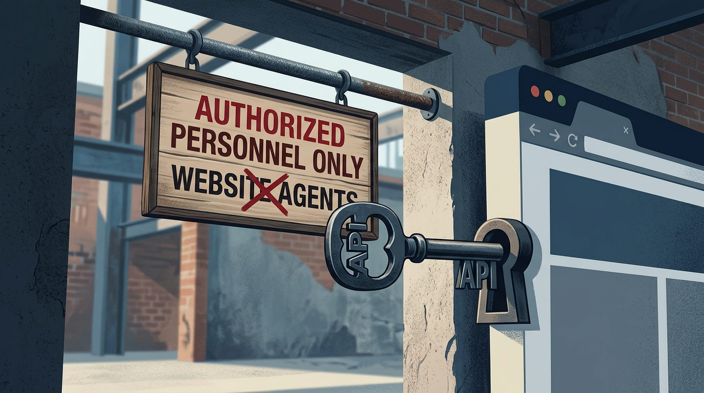 An illustration of a web browser window with a keyhole on its side. A large metal key with the letters 'API' engraved on its head is being inserted into the lock. Next to it, a wooden sign hangs from a pipe, reading 'AUTHORIZED PERSONNEL ONLY' with 'WEBSITE AGENTS' written below and crossed out with a red 'X'.