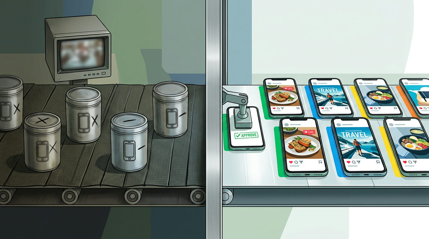 A split-screen illustration of a digital assembly line. On the left, a dark, industrial conveyor belt carries dull metal canisters marked with phone icons past an old CRT monitor. On the right, the belt transitions into a bright, clean space where smartphones display vibrant social media posts of food and travel, with a robotic arm stamping one with a green 'APPROVE' checkmark.