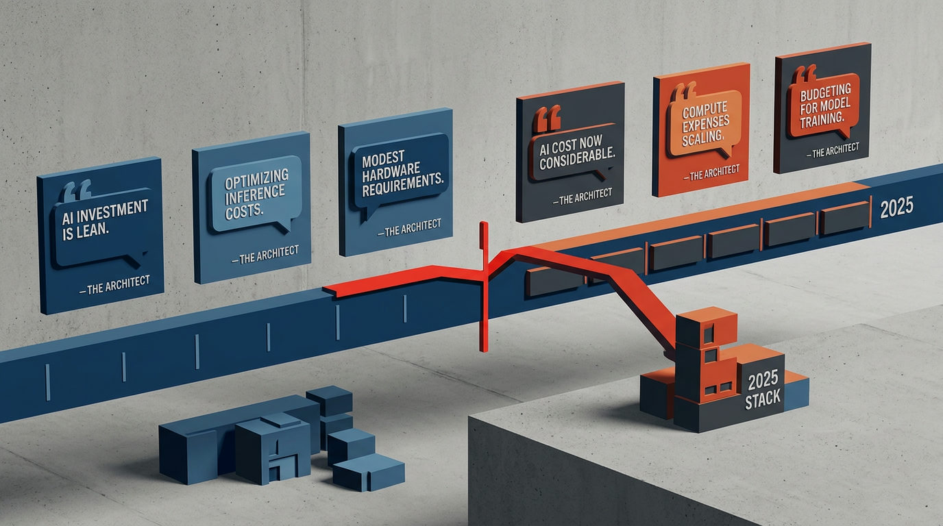 A 3D isometric timeline visualization against a concrete wall. A blue horizontal bar represents a timeline leading to a '2025 STACK' structure. Above the bar, speech bubble plaques contain quotes attributed to 'THE ARCHITECT' that transition from blue (e.g., 'AI INVESTMENT IS LEAN') to orange (e.g., 'BUDGETING FOR MODEL TRAINING'). A red line graph spikes upward as the quotes shift toward higher costs.