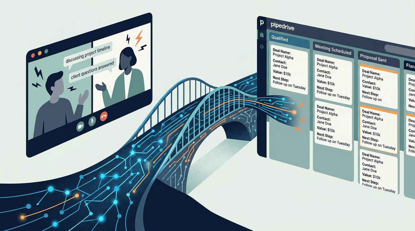An illustration of a digital bridge with glowing circuit patterns connecting a video call window on the left to a Pipedrive sales board on the right. The video call shows two people talking with speech bubbles, while the sales board displays organized deal cards with names, contacts, and values.