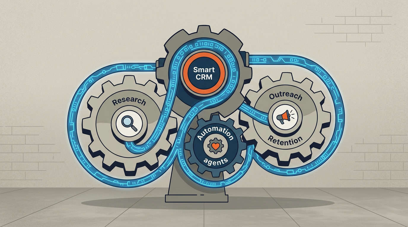 A diagram of four interlocking mechanical gears against a brick wall. The central top gear is labeled 'Smart CRM'. The left gear is labeled 'Research' with a magnifying glass icon. The right gear is labeled 'Outreach' and 'Retention' with a megaphone icon. A small bottom gear is labeled 'Automation agents' with a heart icon. A glowing blue digital data stream flows through and around all the gears.