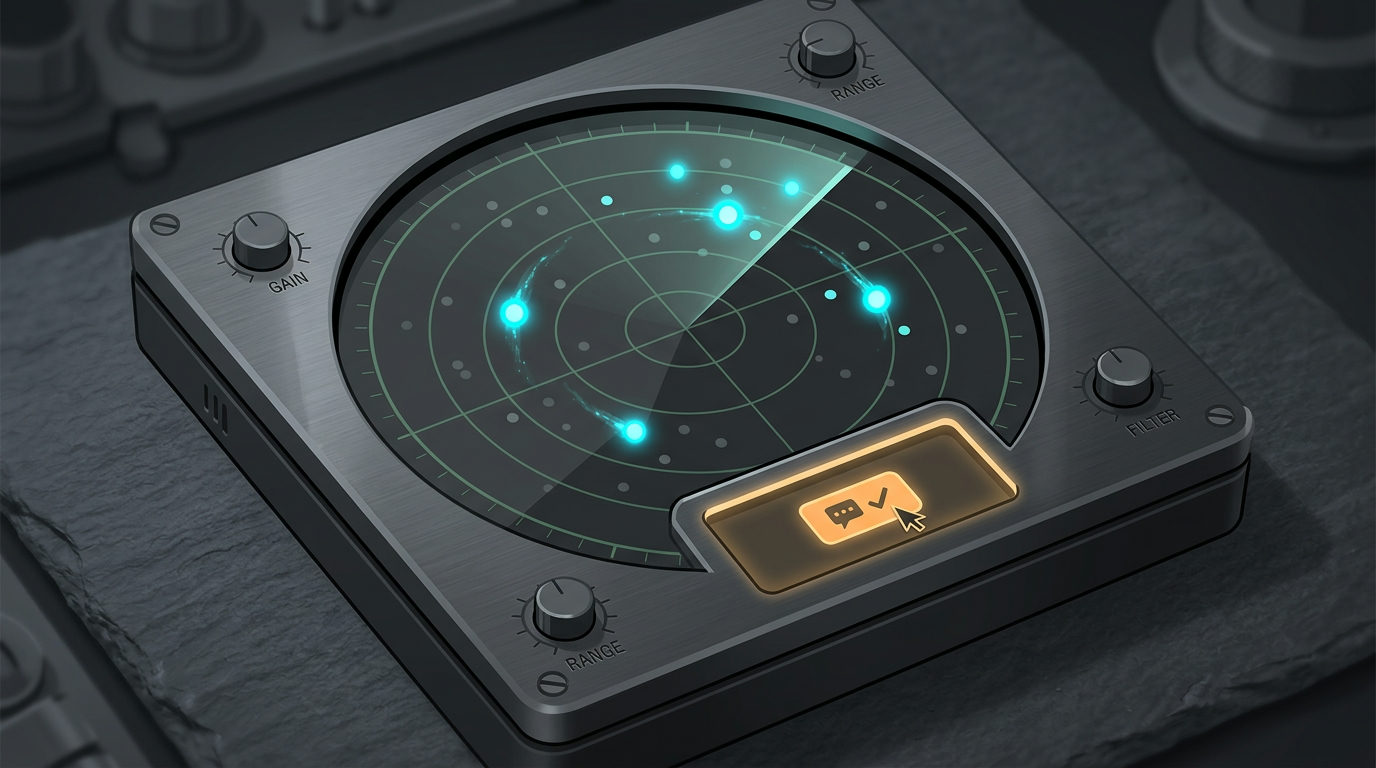 A top-down view of a brushed metal radar console with a circular green screen. Bright cyan pips glow on the screen, highlighted by a sweeping radar beam. At the bottom right of the console, a glowing orange button features a chat bubble icon and a checkmark, with a mouse cursor hovering over it.
