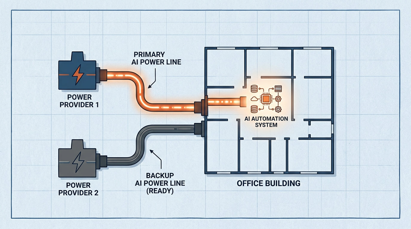 A technical blueprint diagram on a grid background showing two power providers connected to an office building. The 'Primary AI Power Line' is glowing orange and active, while the 'Backup AI Power Line' is grey and inactive. Both lines lead to a central 'AI Automation System' icon inside the building floor plan.