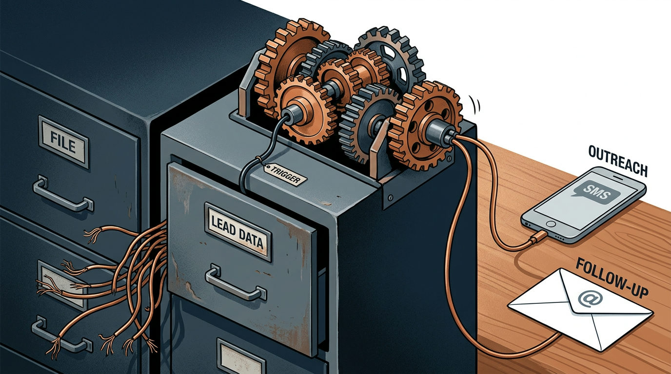 An illustration of a metal filing cabinet with a drawer labeled 'LEAD DATA' slightly open, with copper wires spilling out. On top of the cabinet, a mechanical assembly of copper and steel gears is connected by wires to a smartphone displaying an 'SMS' notification and a white envelope with an '@' symbol. Labels 'OUTREACH' and 'FOLLOW-UP' appear next to the devices.