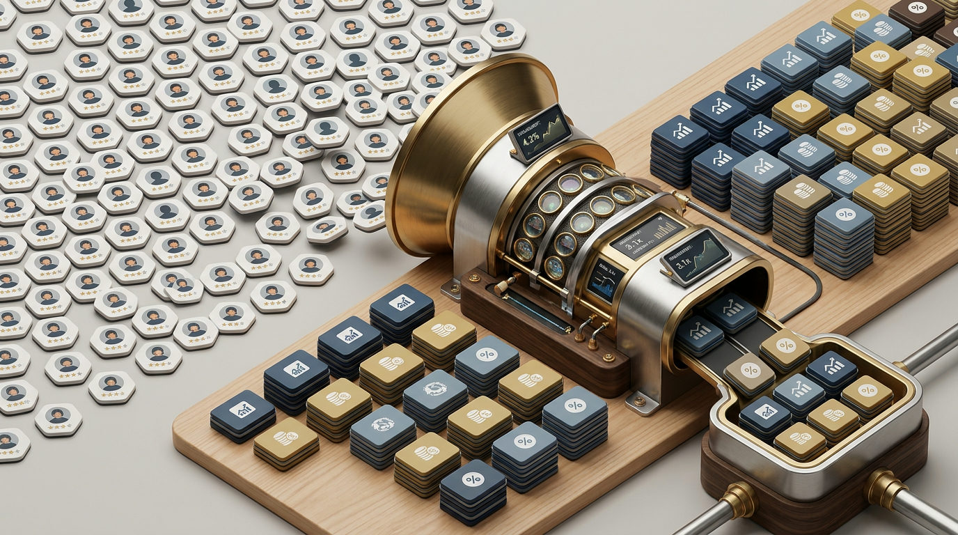 A 3D isometric illustration of a brass and steel machine processing hexagonal tiles with human profile icons. The machine sorts these tiles into stacks of square blocks labeled with growth and percentage symbols, representing a data-driven influencer marketing funnel.