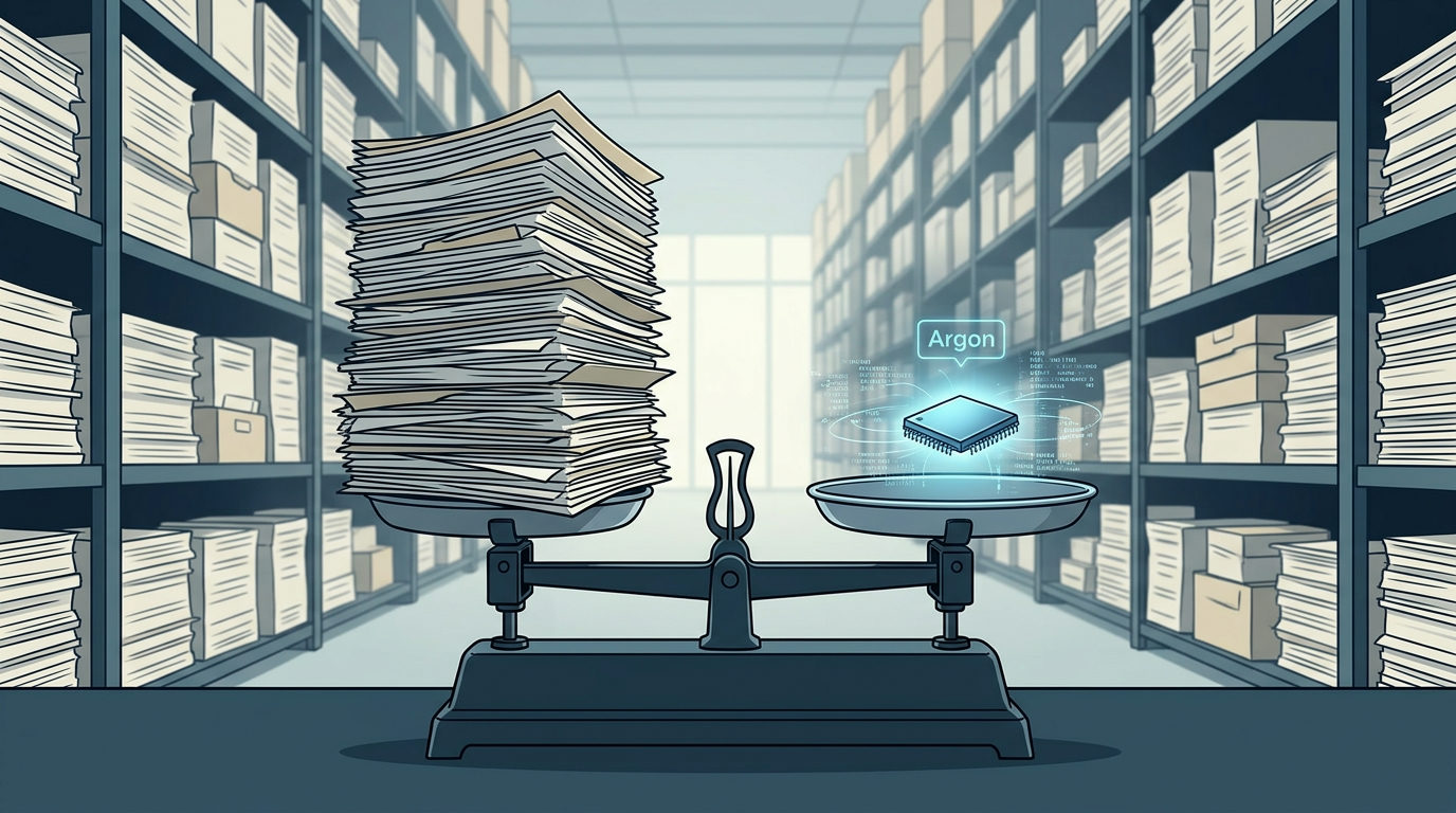 An illustration of a mechanical balance scale in a warehouse filled with shelves of documents. The left side of the scale holds a massive, messy stack of papers, while the right side holds a small, glowing blue computer chip labeled 'Argon' that is surrounded by digital data particles.