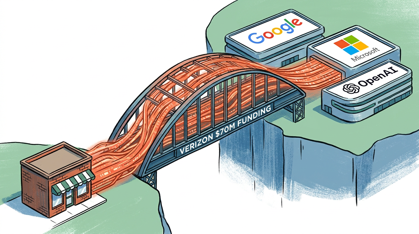 An illustration of a small brick storefront on a cliffside connected by a large steel bridge to another cliffside featuring the logos of Google, Microsoft, and OpenAI. The bridge is filled with glowing orange fiber-optic cables and has the text 'VERIZON $70M FUNDING' written on its side.