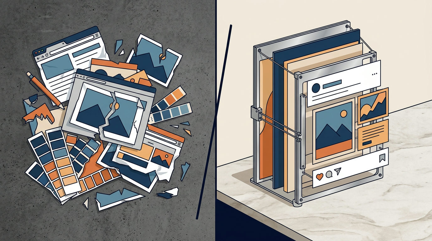 A split-screen illustration. The left side shows a chaotic pile of torn browser windows, broken image fragments, and scattered color palettes on a dark grey background. The right side shows a clean, organized 3D glass frame holding neatly layered design elements that form a social media post, sitting on a marble surface.