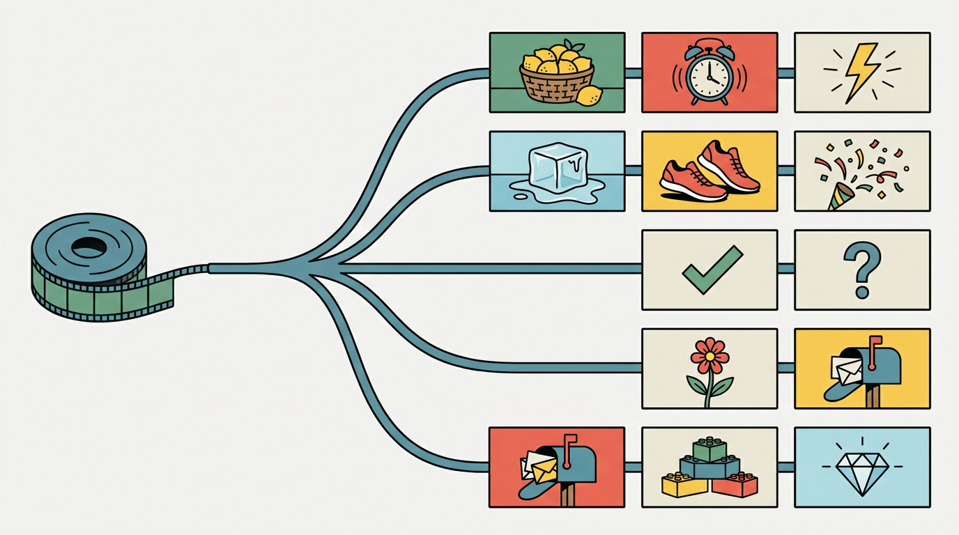 A flat-style illustration showing a roll of film on the left that branches out into five paths, leading to a grid of twelve colorful icons including lemons, an alarm clock, a lightning bolt, an ice cube, sneakers, confetti, a checkmark, a question mark, a flower, mailboxes, building blocks, and a diamond.