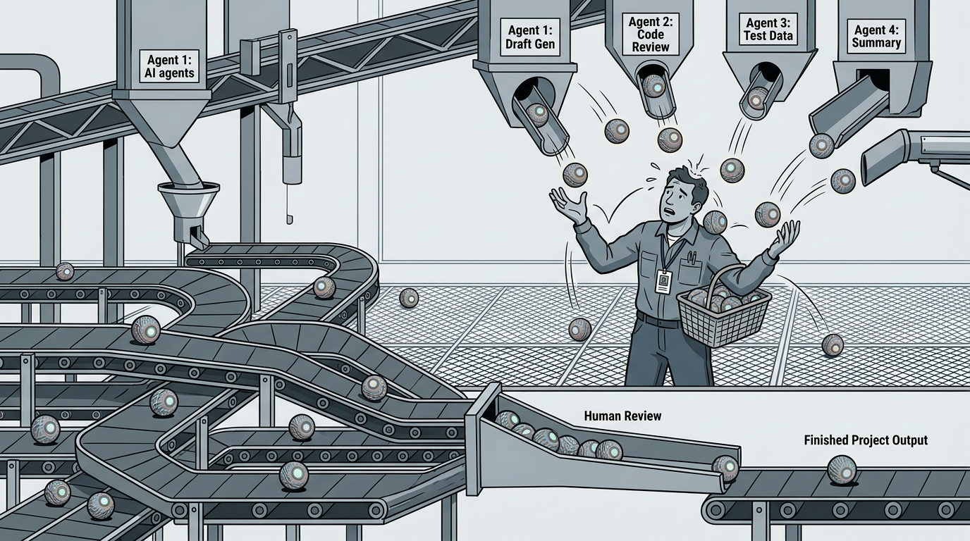 A monochromatic blue-grey illustration of a factory setting where several chutes labeled 'Agent 1: Draft Gen', 'Agent 2: Code Review', etc., are dropping small spheres onto a man. The man looks overwhelmed, holding a basket and trying to catch the spheres, while a complex system of conveyor belts labeled 'Human Review' leads to a 'Finished Project Output'.