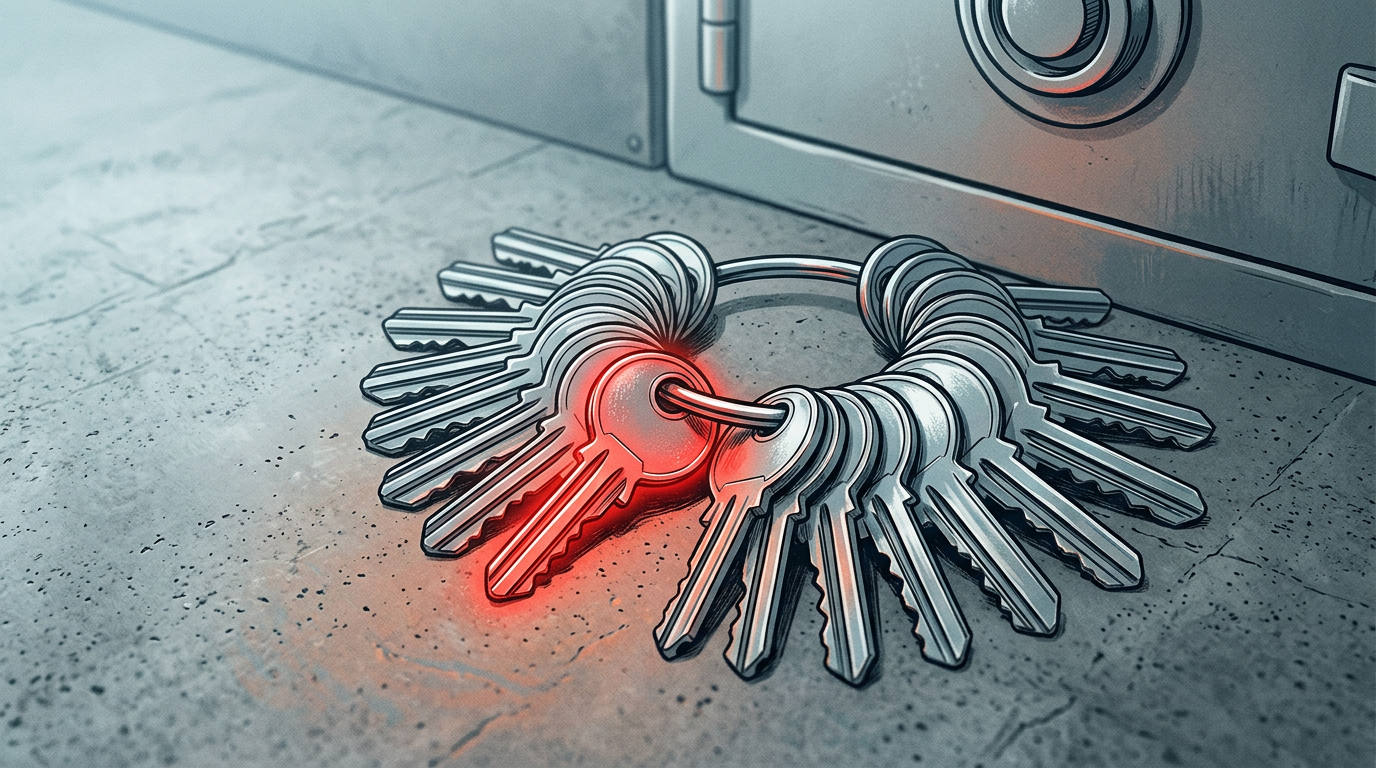 An illustration of a large metal key ring holding dozens of identical silver keys, lying on a concrete surface next to a vault door. One specific key in the ring is glowing with a bright red aura.