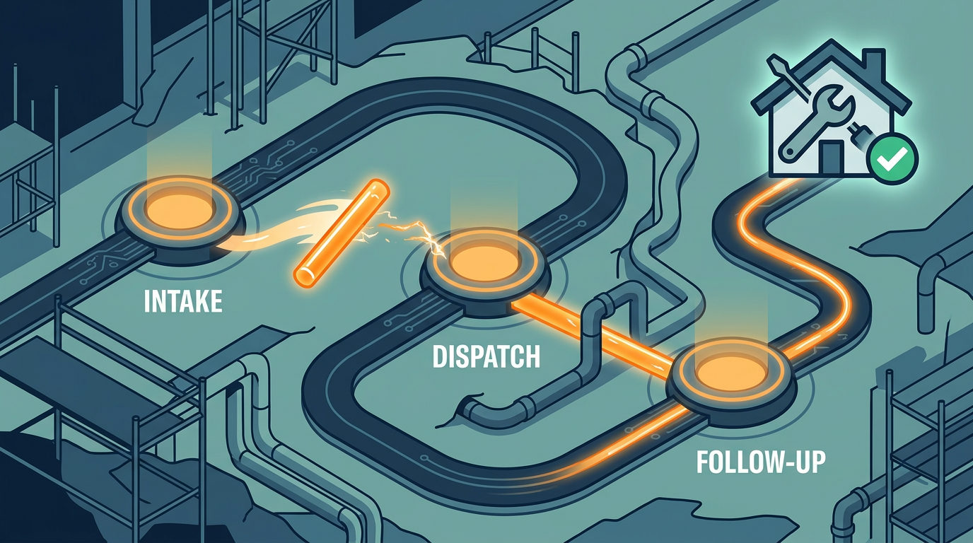 An isometric illustration of a digital workflow track. Three glowing orange circular nodes labeled 'INTAKE', 'DISPATCH', and 'FOLLOW-UP' are connected by a dark path with glowing orange energy lines. A glowing orange baton is being passed between the first two nodes. The path ends at a house icon containing a wrench and screwdriver with a green checkmark.