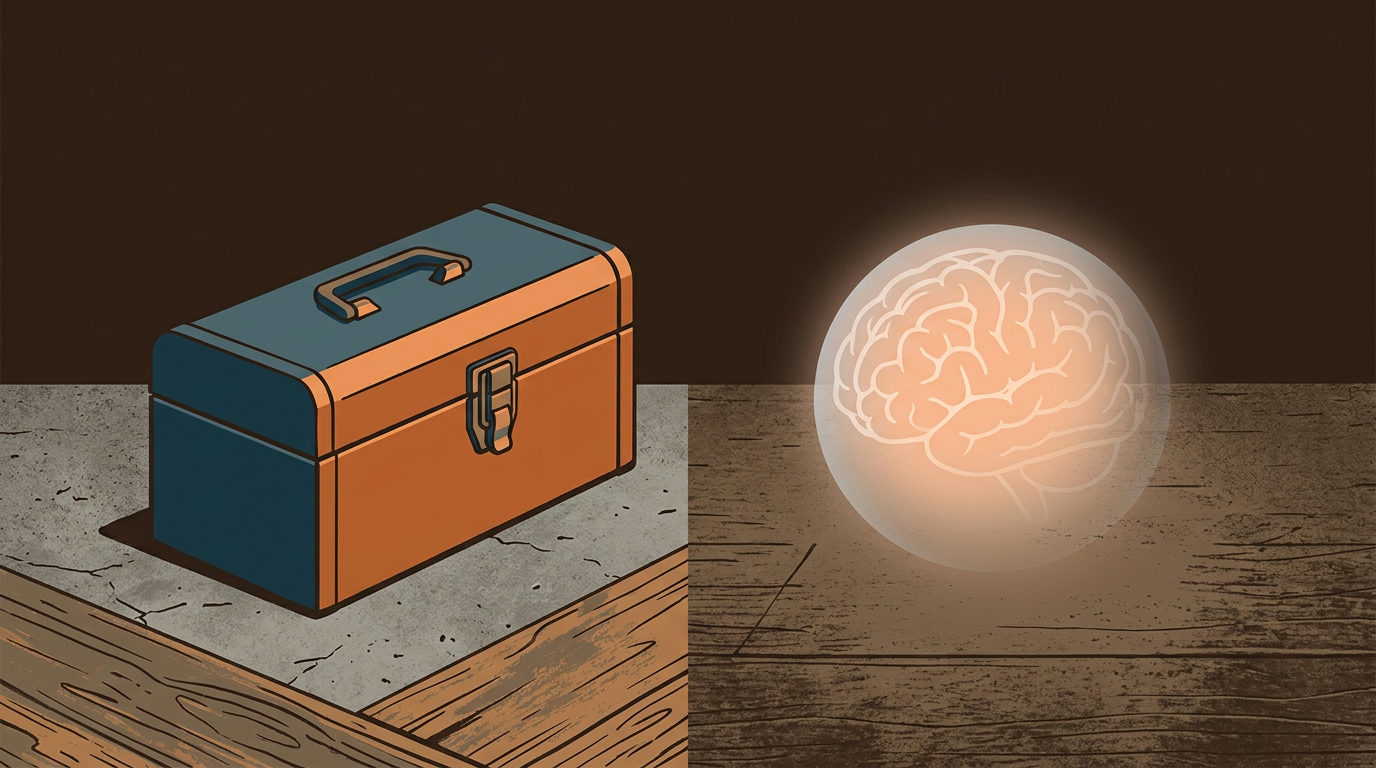 An illustration of a sturdy, orange and blue metal toolbox sitting on a concrete surface next to a glowing, translucent orb containing a human brain outline on a wooden surface.