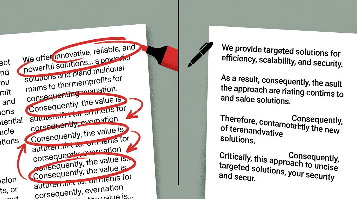 An illustration of two printed pages side-by-side. The left page shows repetitive text like 'Consequently, the value is' circled multiple times with a red marker. The right page shows similar corporate jargon like 'innovative, reliable, and powerful solutions' with a black pen resting nearby.