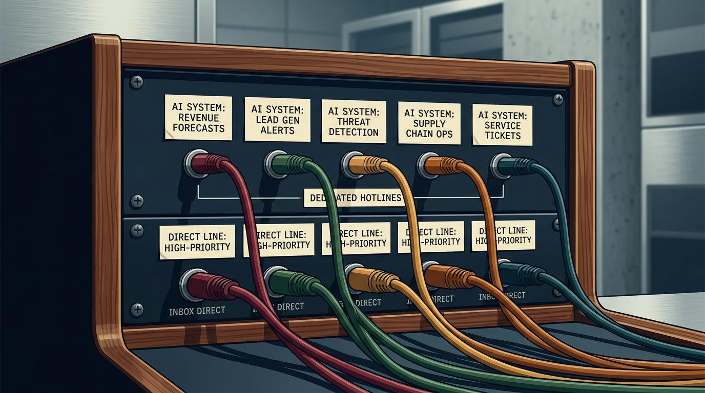 An illustration of a vintage-style wooden switchboard with two rows of labeled ports. Each port in the top row is labeled with an AI system like 'Revenue Forecasts' or 'Threat Detection', and each is connected by a single, neatly organized colored cable to a corresponding 'Direct Line' port in the bottom row.
